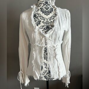 H& M Divided White Frayed Blouse with Tie-Front